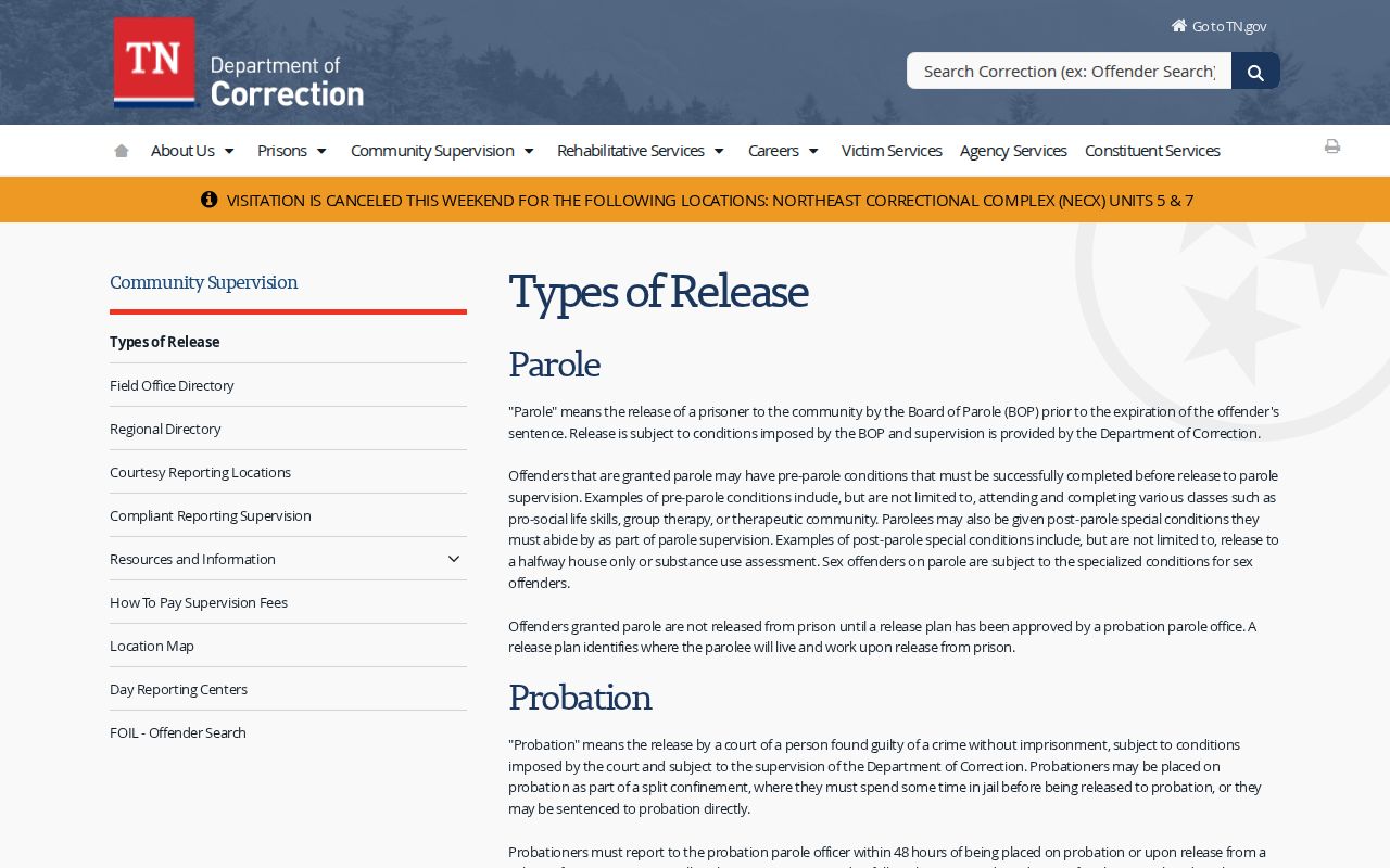 Coffee County release date lookup using TDOC release types