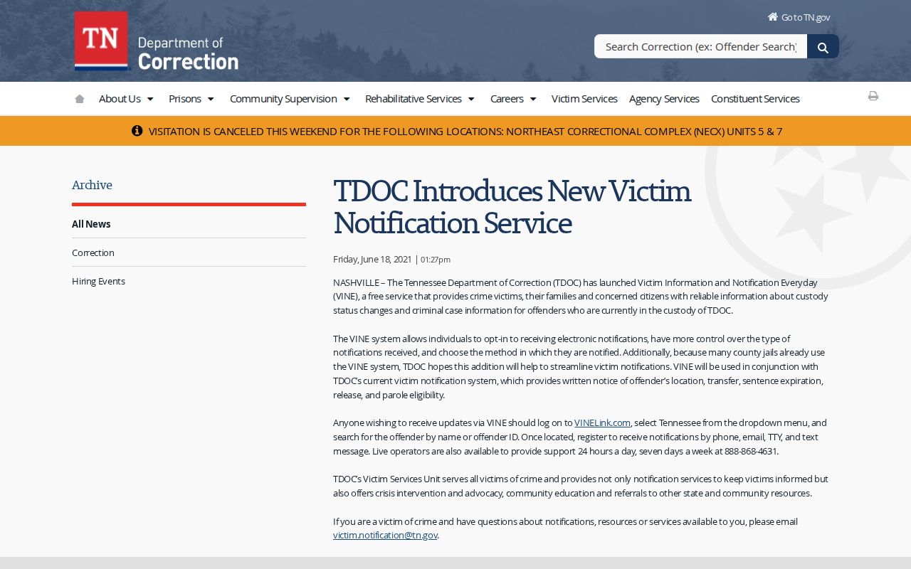Coffee County VINE inmate check TDOC notification coverage